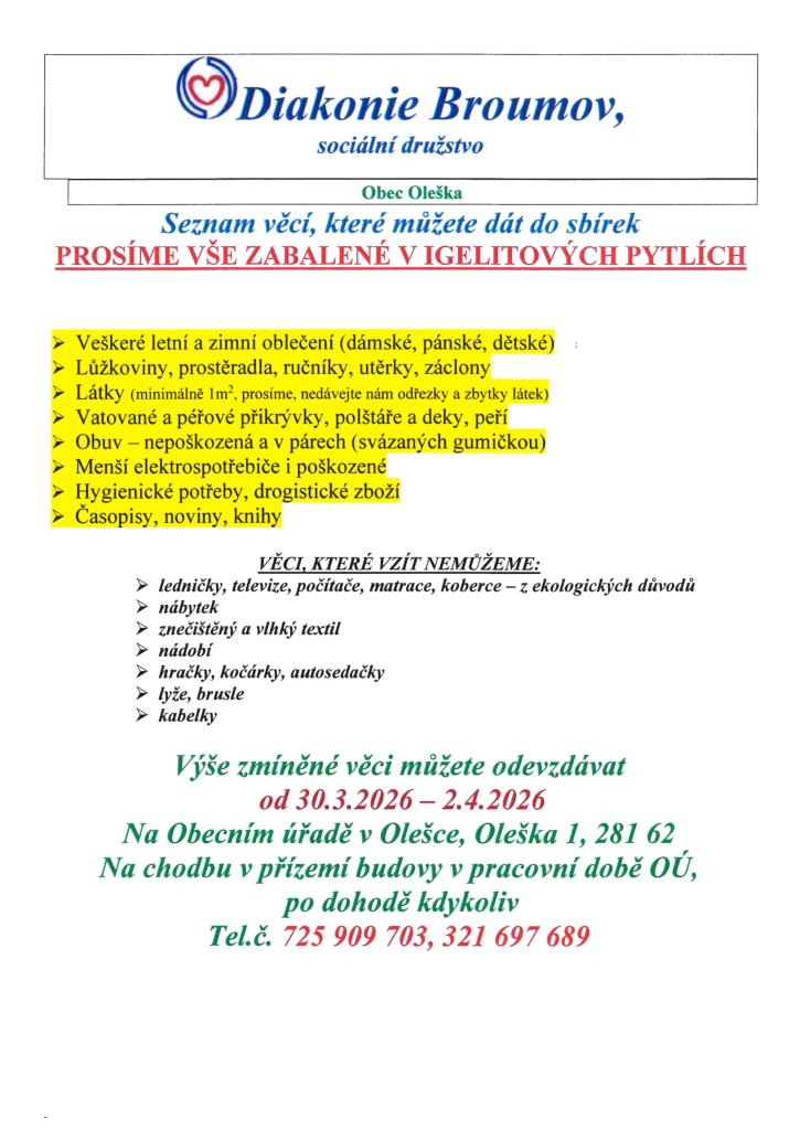 Sběr použitého ošacení 30.3.2026 - 2.4.2026