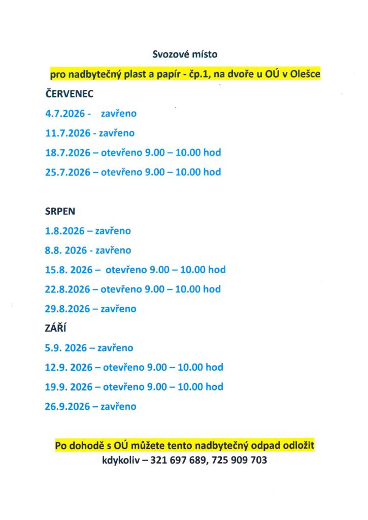 svozové místo pro&nbsp;nadbytečný plast a&nbsp;papír 7-9/2026