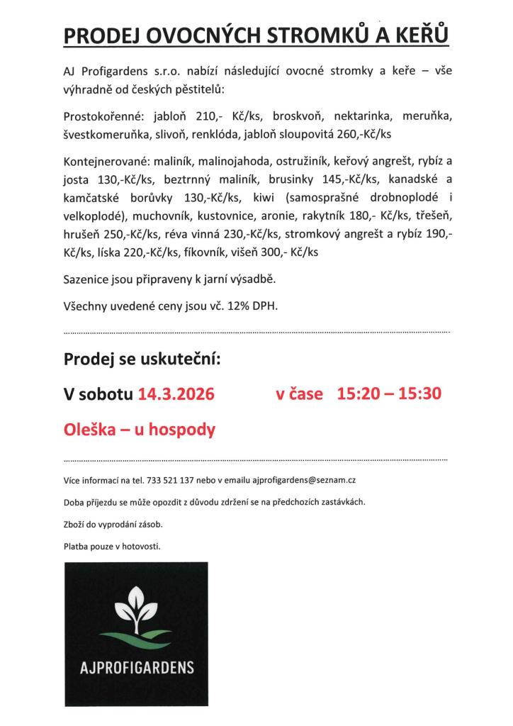 Prodej ovocných stromků a keřů