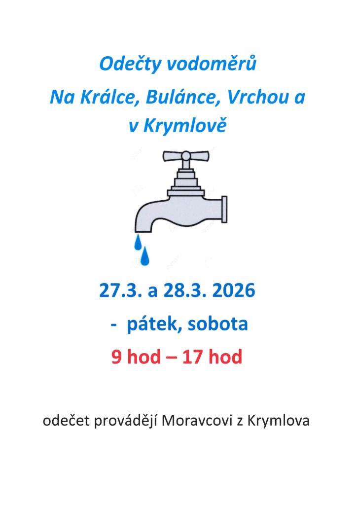 Odečty vodoměrů - Králka, Bulánka, Vrcha, Krymlov