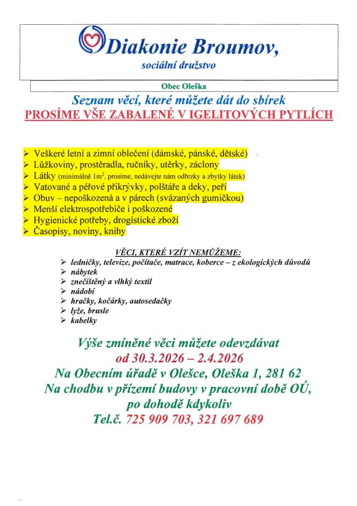 Sběr použitého ošacení 30.3.2026 - 2.4.2026