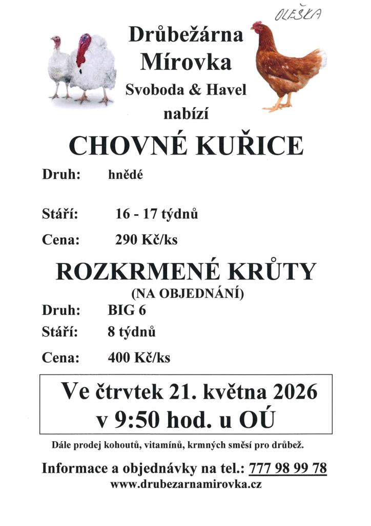 Prodej drůbeže 21.5.2026 Mírovka - Oleška