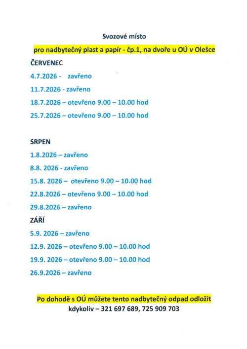 svozové místo pro nadbytečný plast a papír 7-9/2026