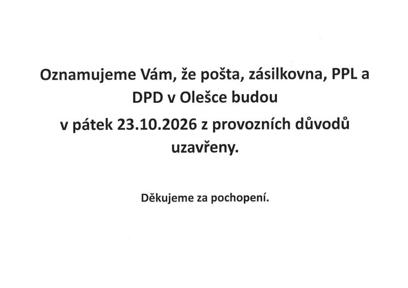 uzavření pošta, zásilkovna, PPL a DPD 23.10.2026